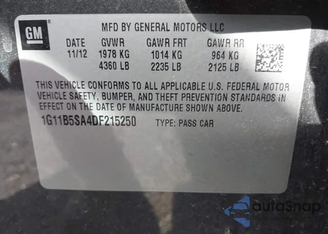 2013 Chevrolet Malibu 1Ls из США, поврежденный, VIN 1G11B5SA4DF215250